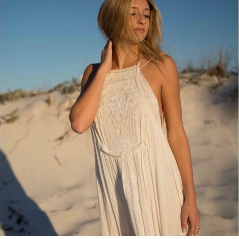 Free People Cream Backless Sundress with Halter Neckline